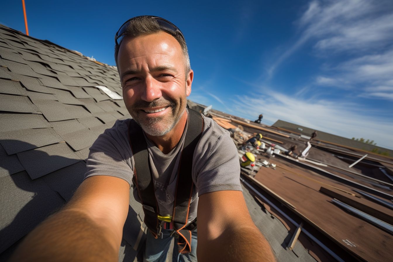 A roofer inspecting a partially completed roof replacement on a construction site.