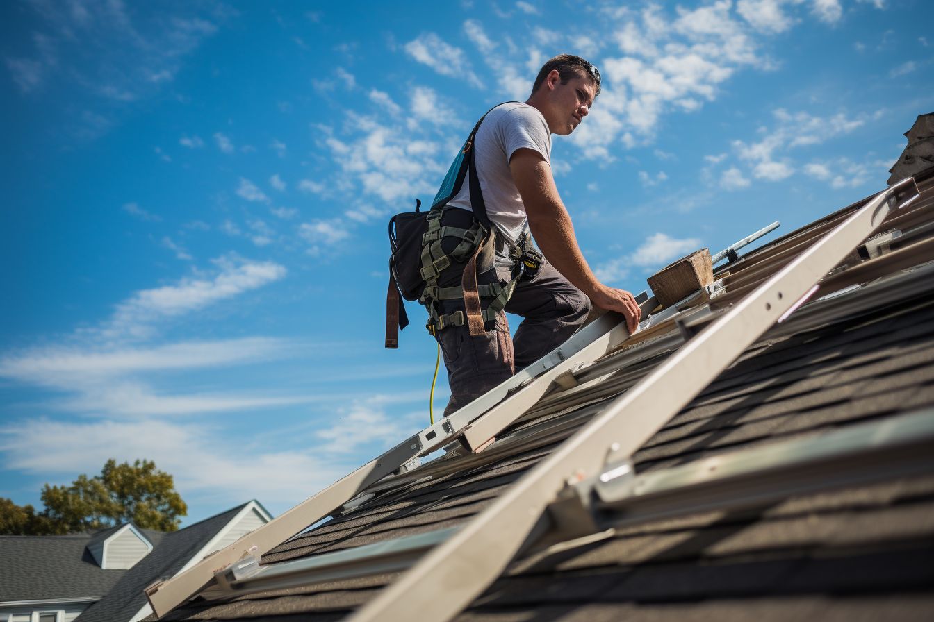 Contractor inspecting partially replaced roof with ladder and tools nearby.