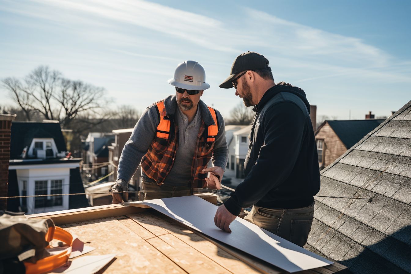 Contractor discussing roof replacement options with a homeowner in city.