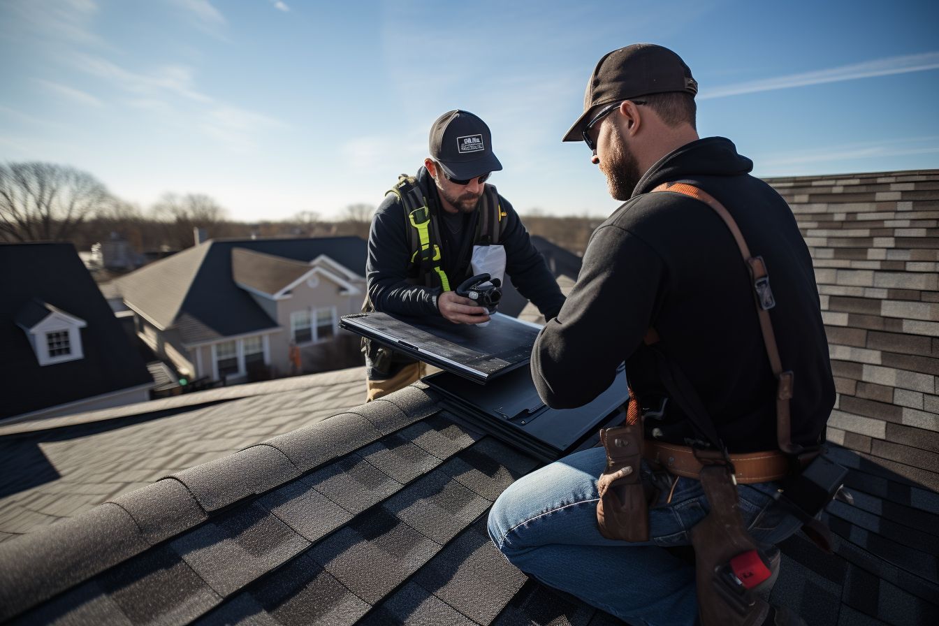 Roofing professionals inspecting a complete roof replacement and documenting findings.
