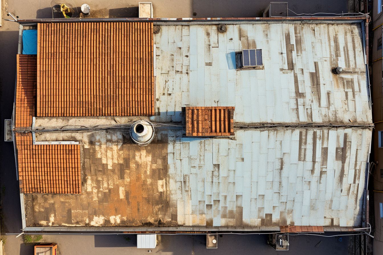 A rooftop with one side newly replaced, showcasing old and new materials.