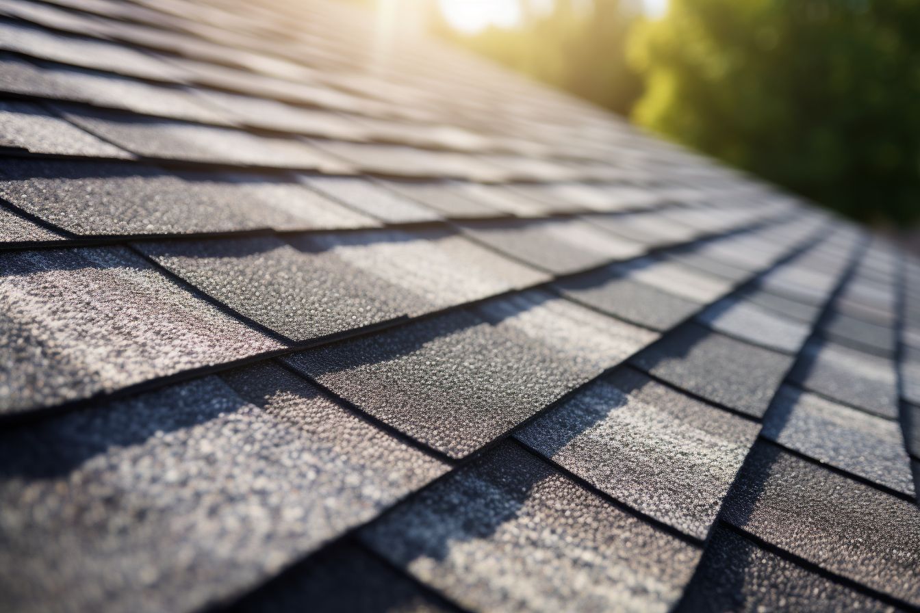 Close-up of a new asphalt roof enhances home curb appeal. Close-up of a new asphalt roof enhances home curb appeal.