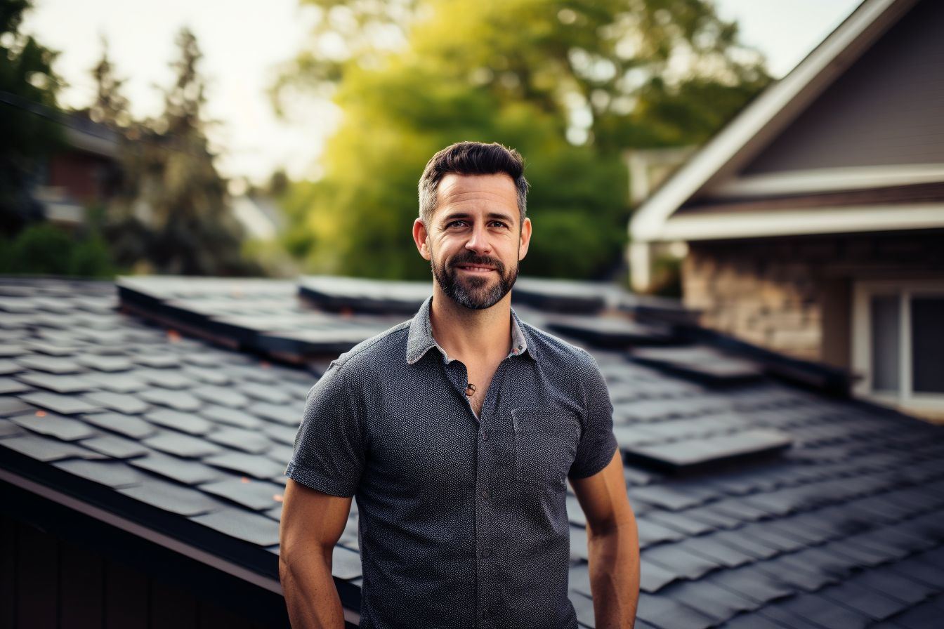 Homeowner choosing roofing material options in front of their house. Homeowner choosing roofing material options in front of their house.