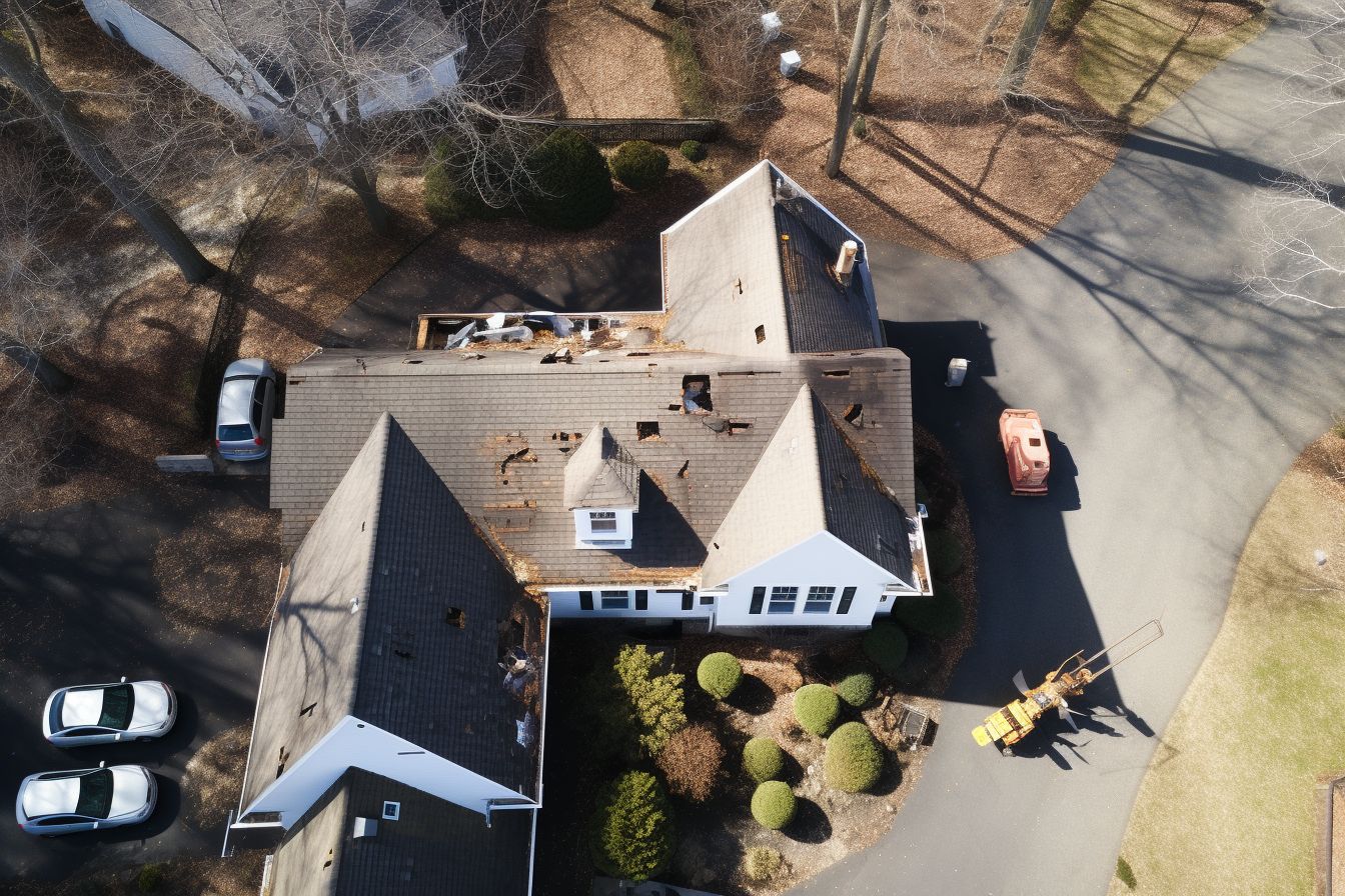 A drone captures aerial view of house with partially removed roof during replacement. A drone captures aerial view of house with partially removed roof during replacement.
