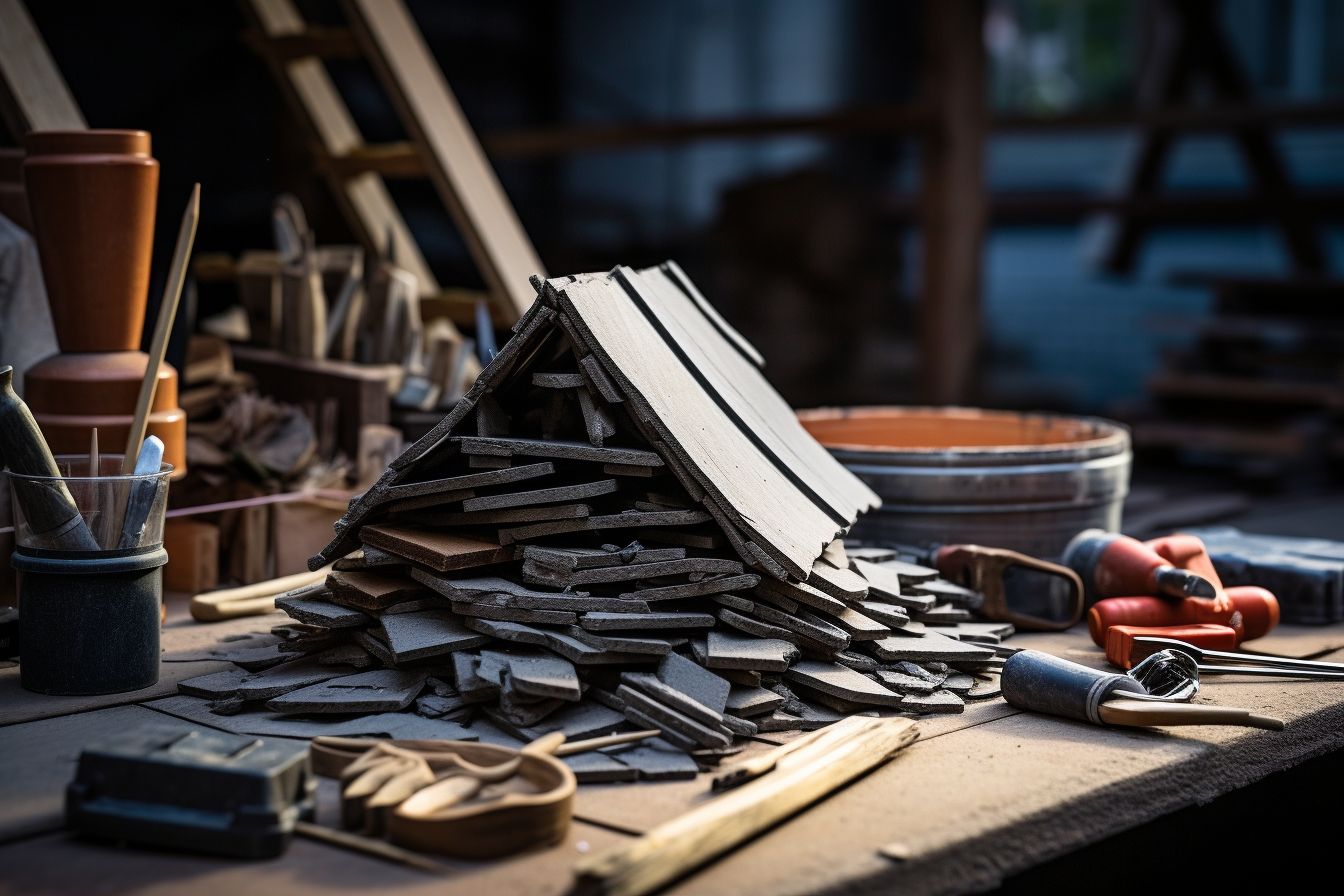 A DIY project using recycled roofing materials showcased with tools.