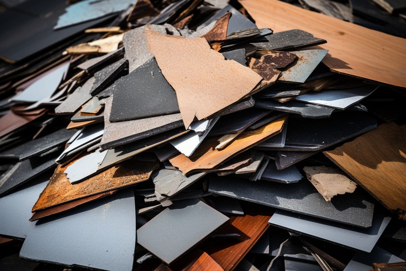 A pile of roofing materials including metal, wood, and shingles.