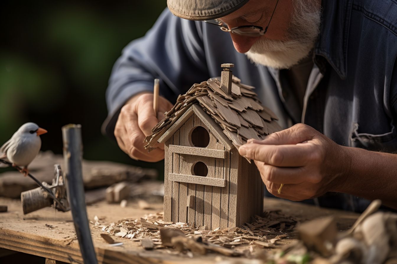 A man building a birdhouse with leftover roofing materials in wildlife.
