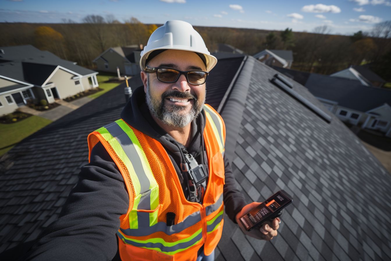 A roofing contractor inspecting a new roof using a drone. A roofing contractor inspecting a new roof using a drone.