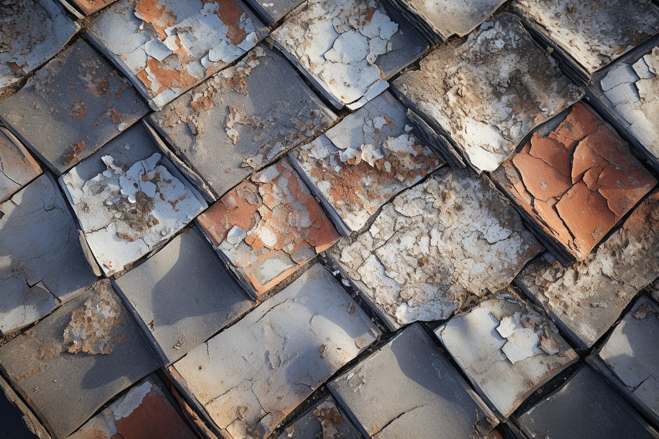 A close-up of a cracked roof tile with water seeping through. A close-up of a cracked roof tile with water seeping through.