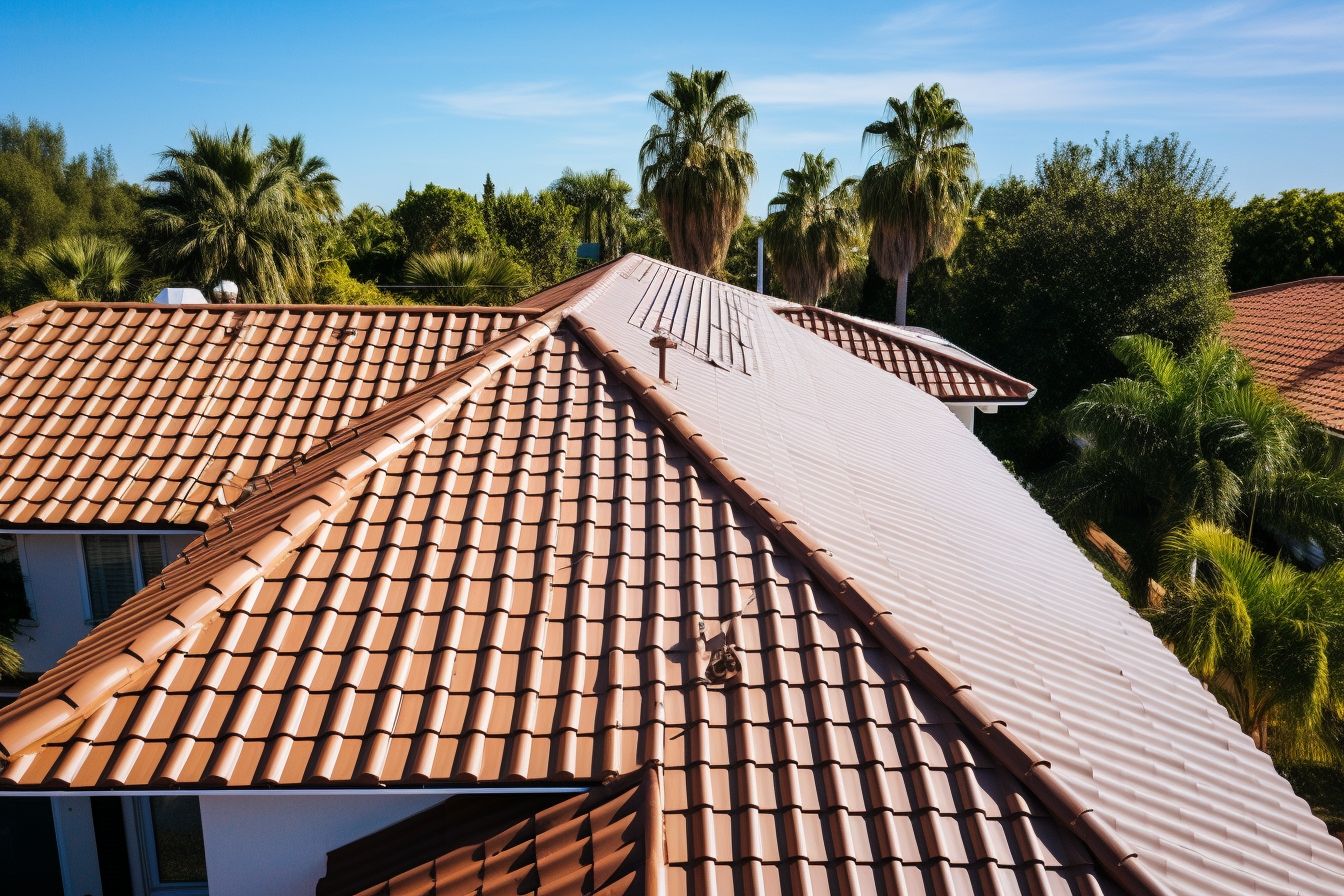 Aerial photo of a well-maintained roof with clear blue sky. Aerial photo of a well-maintained roof with clear blue sky.