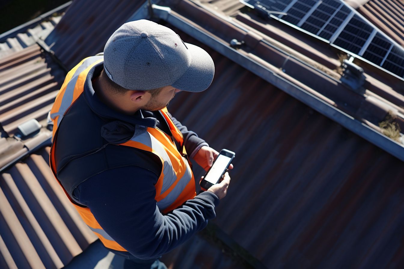 Professional inspector uses drone to examine newly replaced roof. Professional inspector uses drone to examine newly replaced roof.