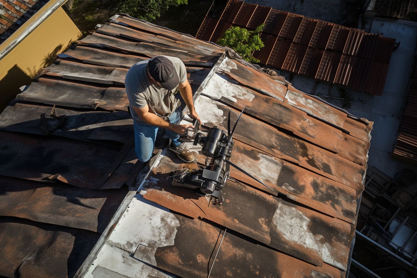 A roofer uses a drone with HD camera to inspect roofs. A roofer uses a drone with HD camera to inspect roofs.