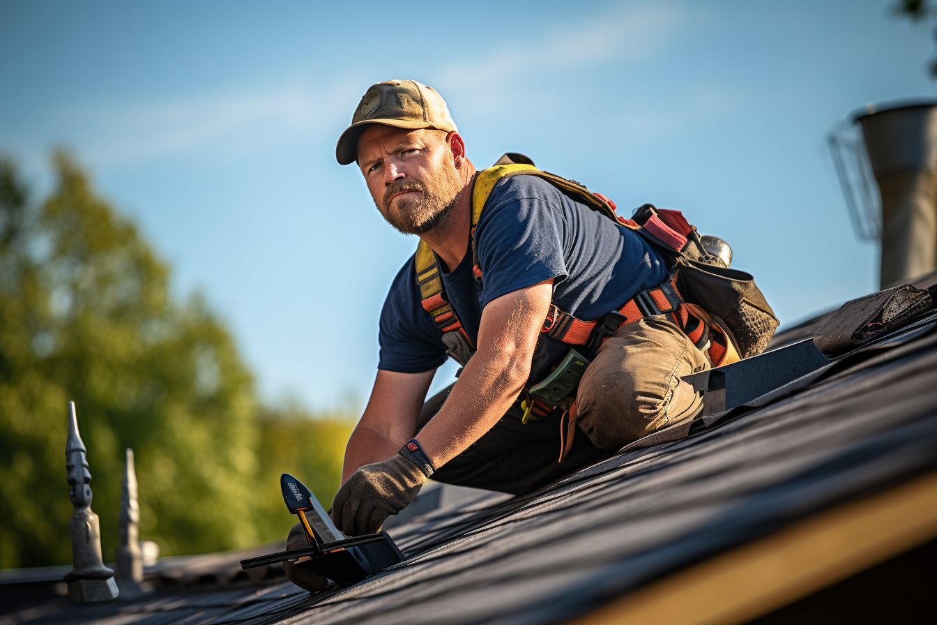 Skilled roofer installing shingles on a steep roof.
