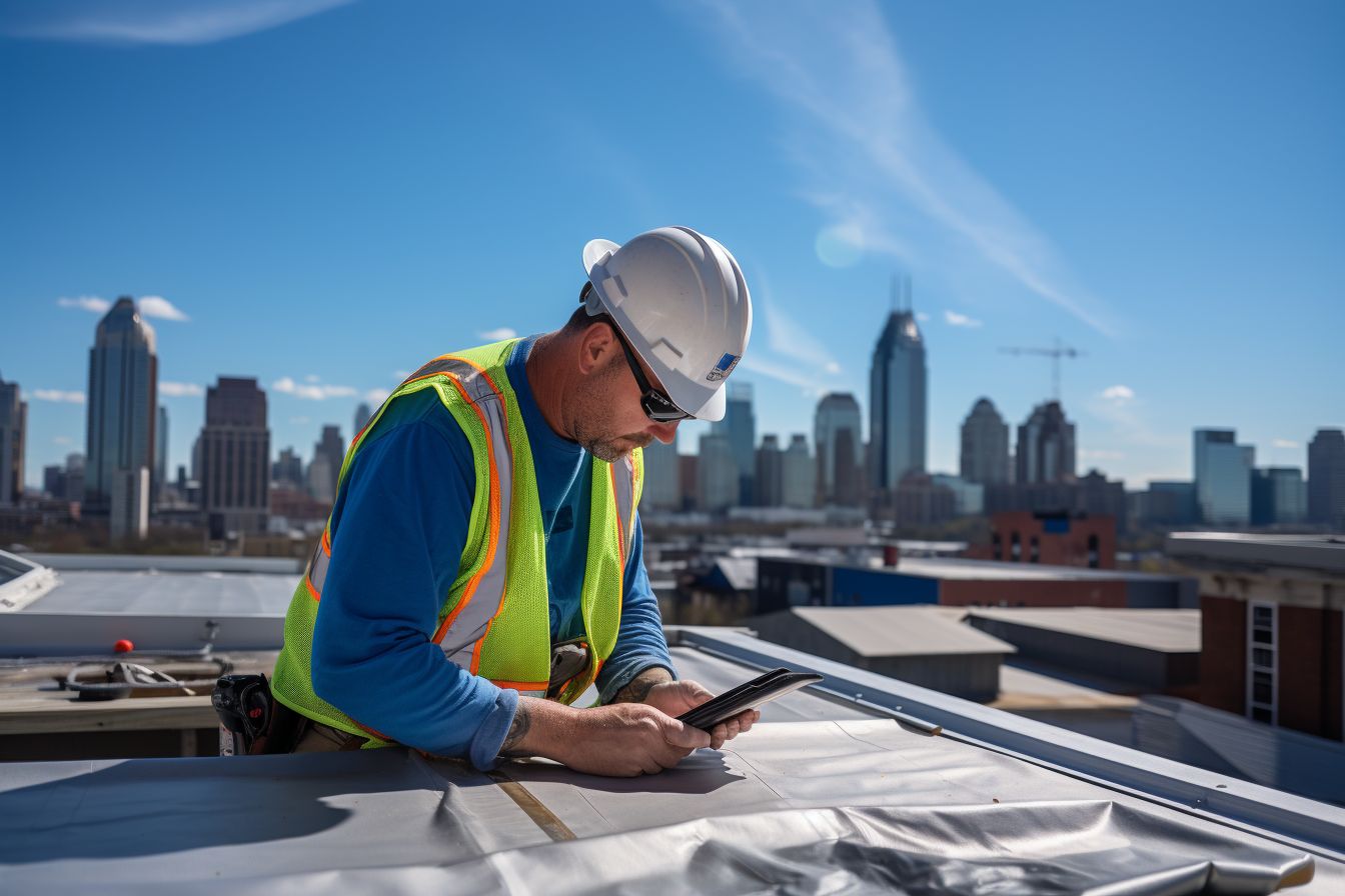Construction worker examining roofing materials with city skyline in background.