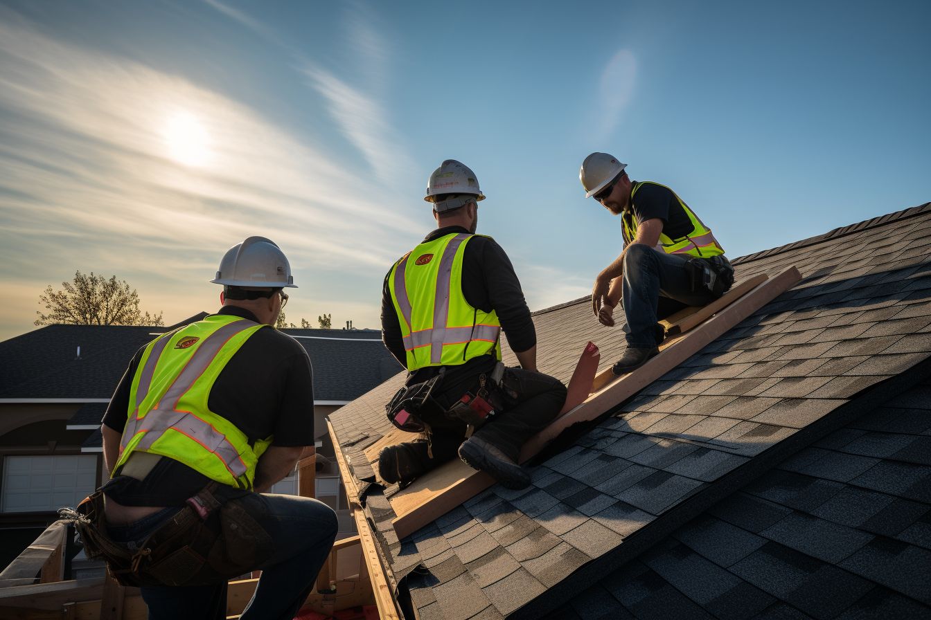 Three roofers inspecting a house roof.