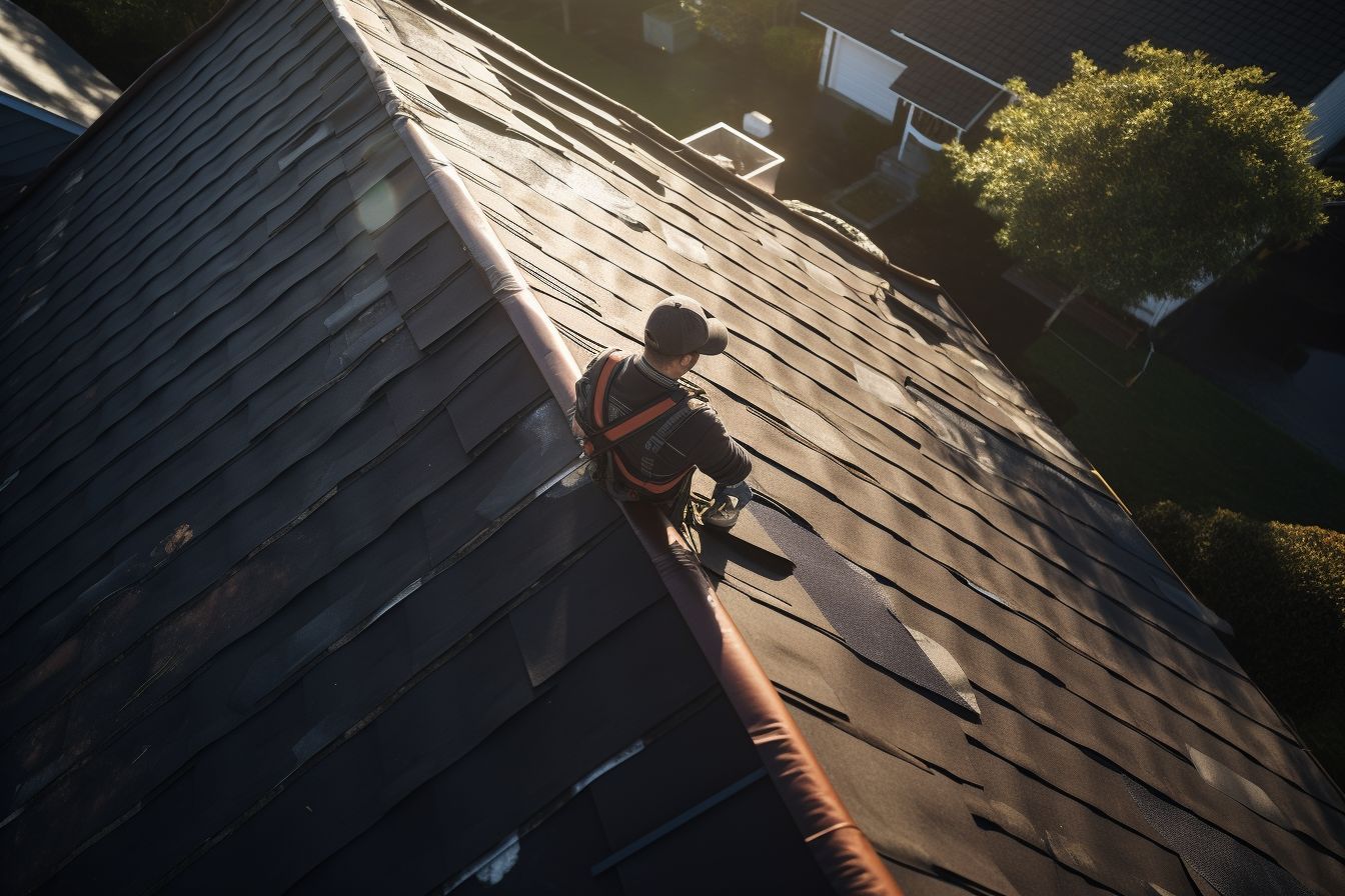 Roofing contractor using a drone to inspect roof materials.