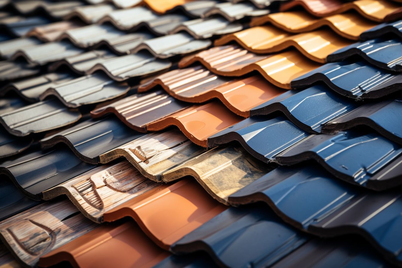 Close-up shot of various roofing materials neatly arranged on a construction site.