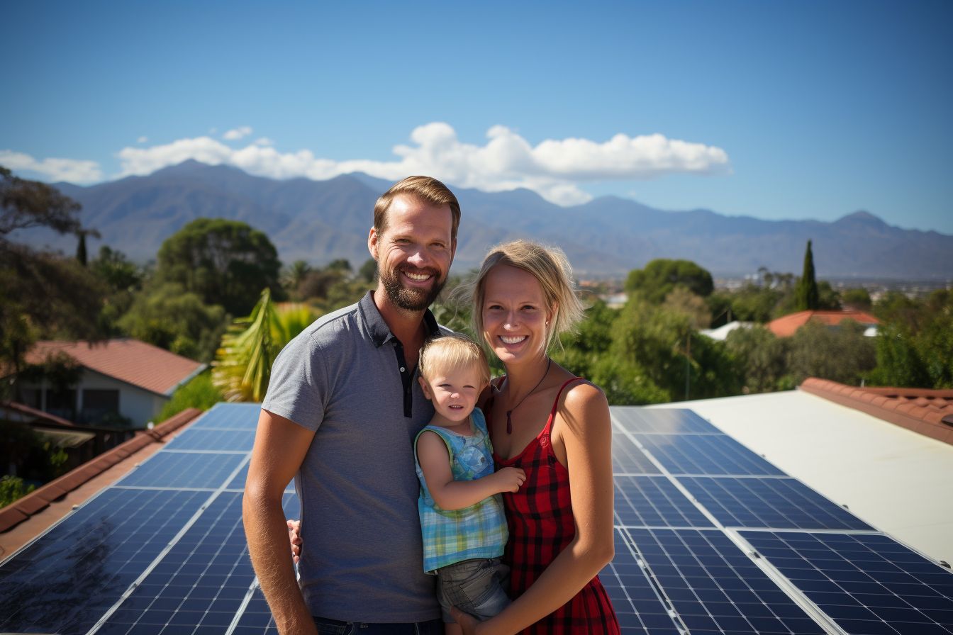 A happy Caucasian family poses in front of their solar-paneled roof. A happy Caucasian family poses in front of their solar-paneled roof.