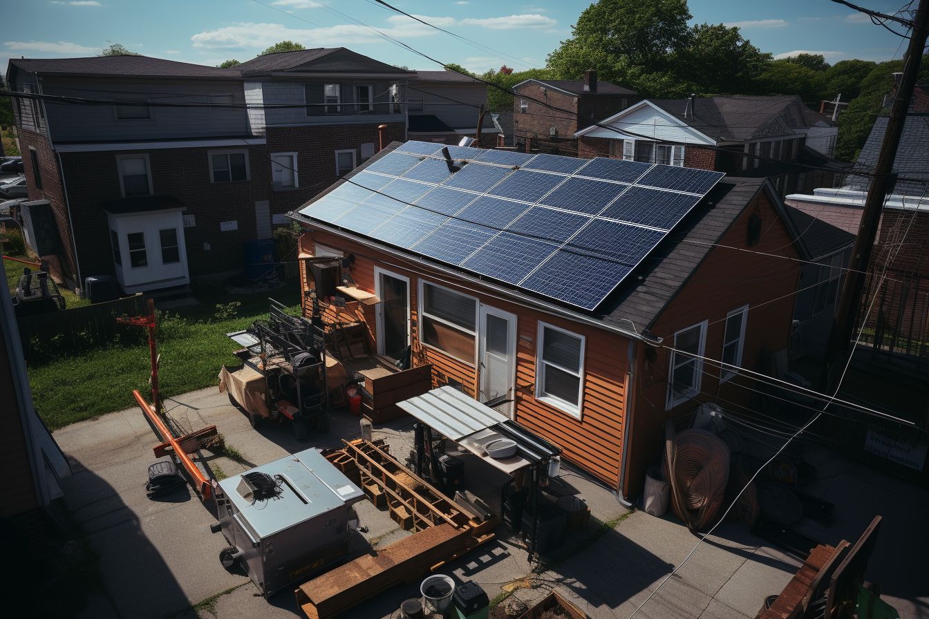 A roof with temporary removed solar panels surrounded by construction equipment. A roof with temporary removed solar panels surrounded by construction equipment.