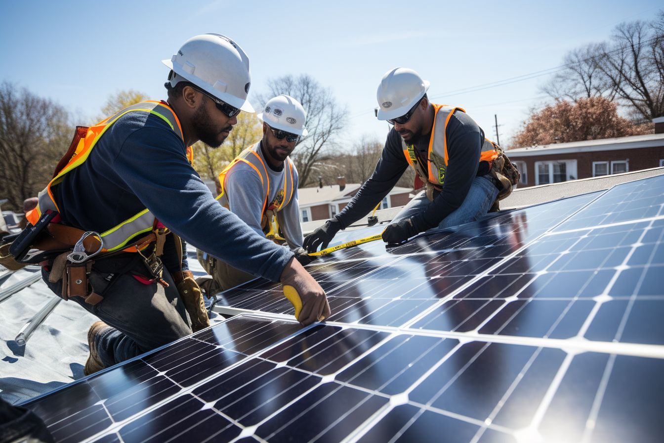 A team of professionals removing and reinstalling solar panels on a roof. A team of professionals removing and reinstalling solar panels on a roof.
