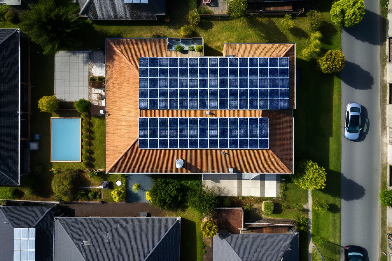 A suburban roof with solar panels, captured by a drone. A suburban roof with solar panels, captured by a drone.