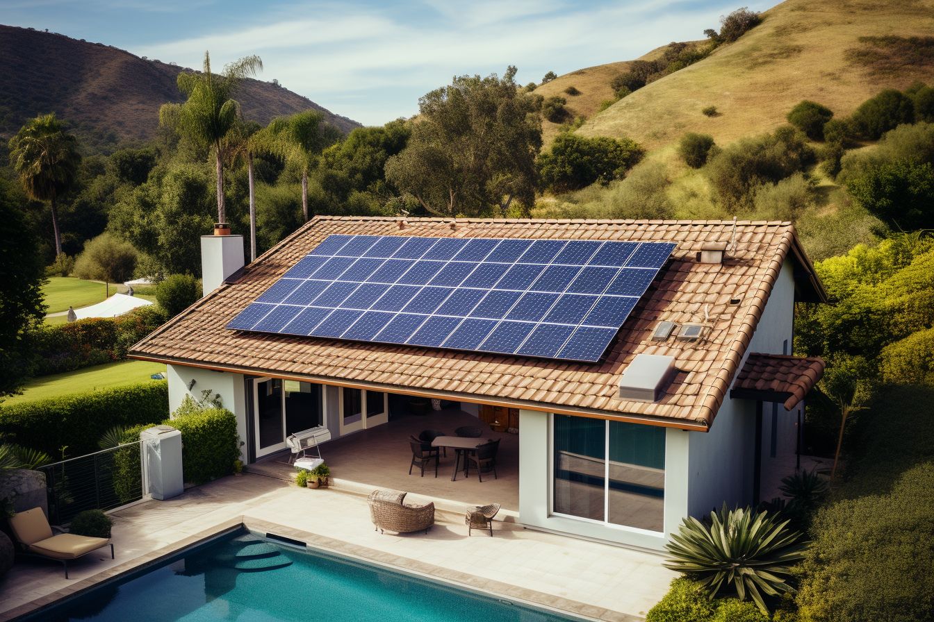 A house with a new roof and solar panels under a blue sky. A house with a new roof and solar panels under a blue sky.