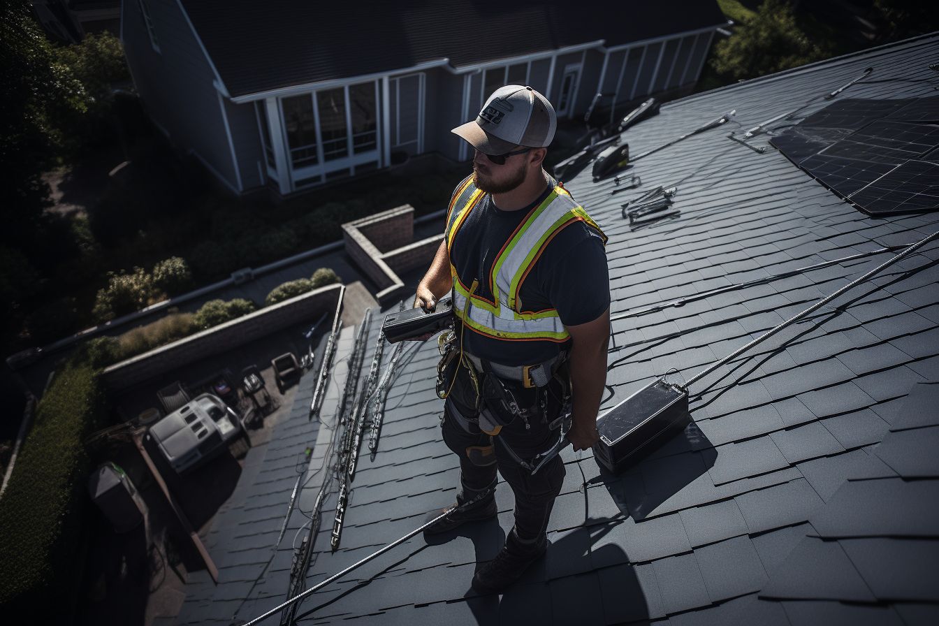 Confident contractor inspecting roof with DJI Phantom 4 Pro drone. Confident contractor inspecting roof with DJI Phantom 4 Pro drone.