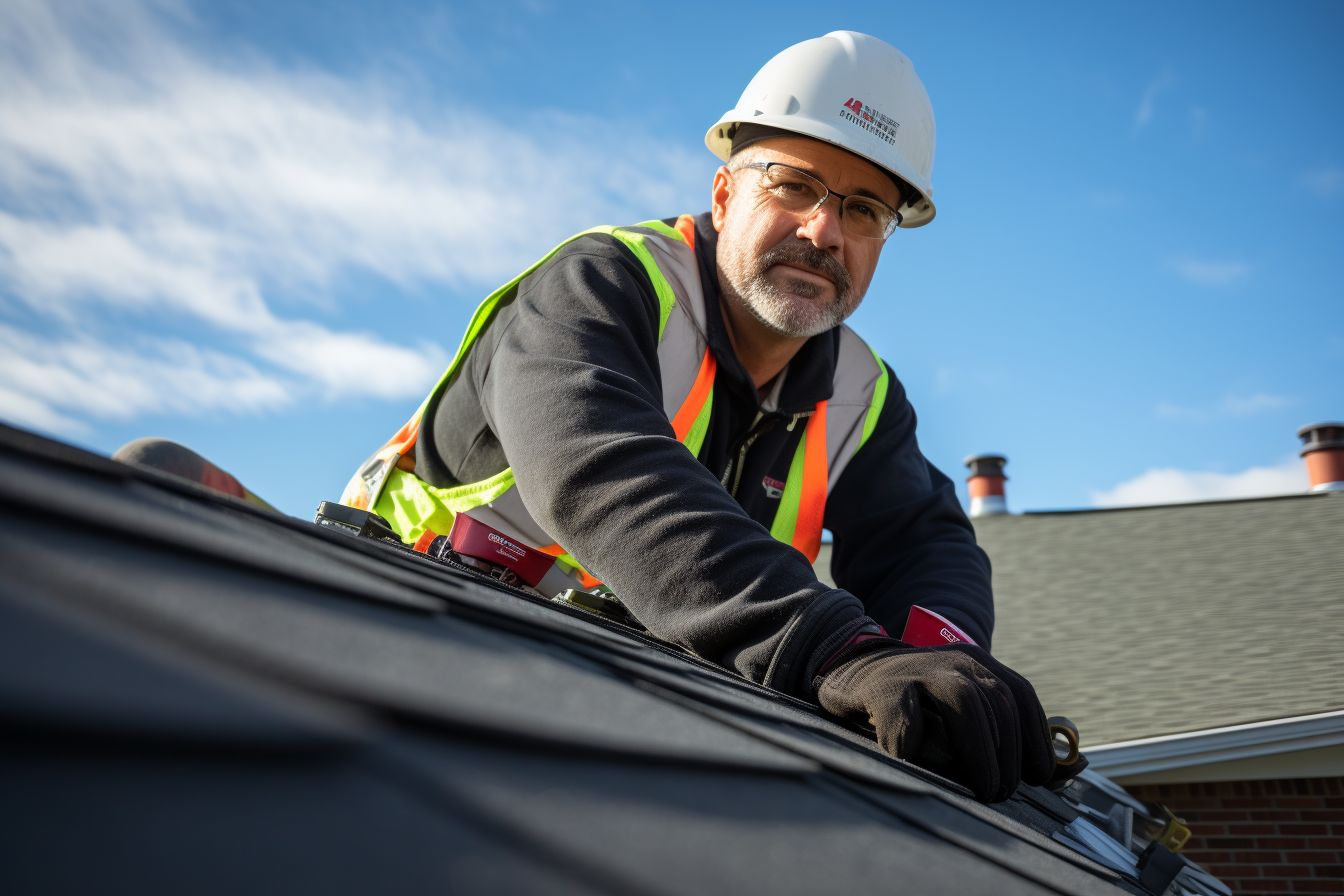 A roofing contractor inspecting a newly replaced roof with a wide-angle lens. A roofing contractor inspecting a newly replaced roof with a wide-angle lens.