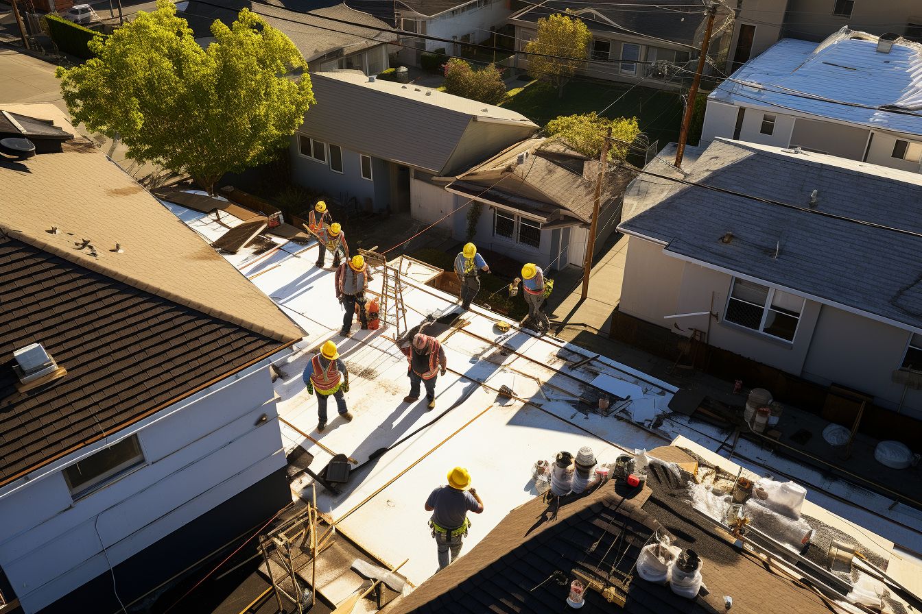 Contractors replacing roof captured by drone camera in cityscape photography. Contractors replacing roof captured by drone camera in cityscape photography.