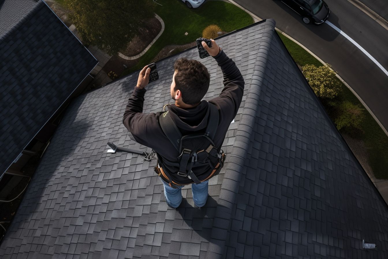 Professional roofer uses drone to inspect roof for leaks. Professional roofer uses drone to inspect roof for leaks.