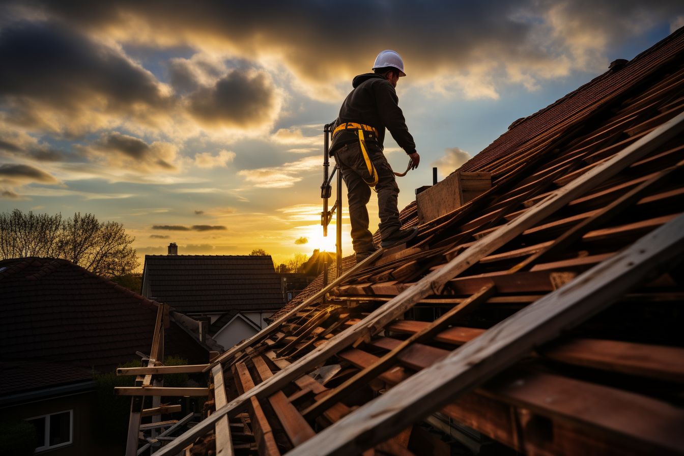 A roofer repairs a leaky roof using tools and a ladder. A roofer repairs a leaky roof using tools and a ladder.