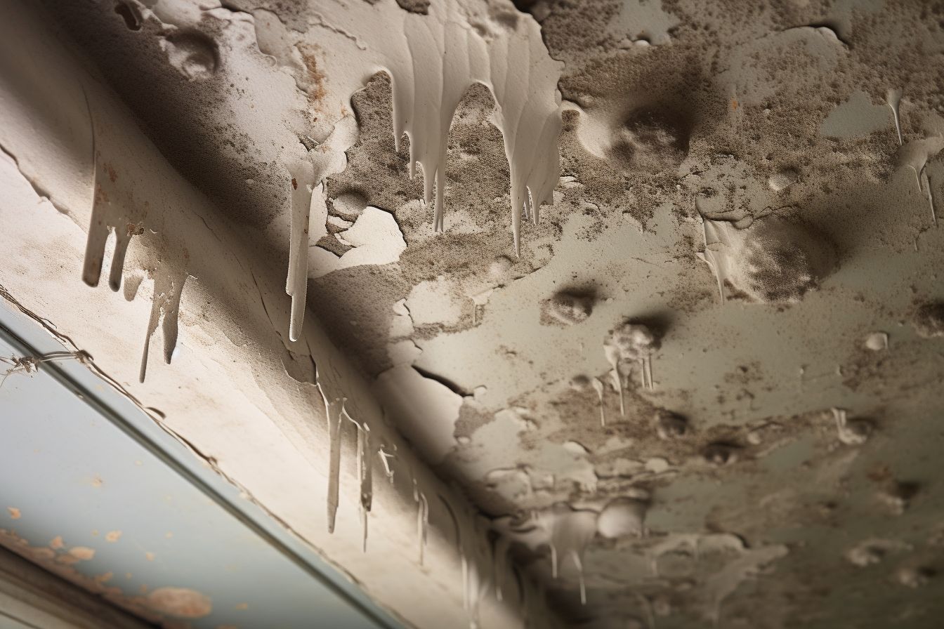 Macro photo depicting mold spreading on a water-damaged ceiling. Macro photo depicting mold spreading on a water-damaged ceiling.