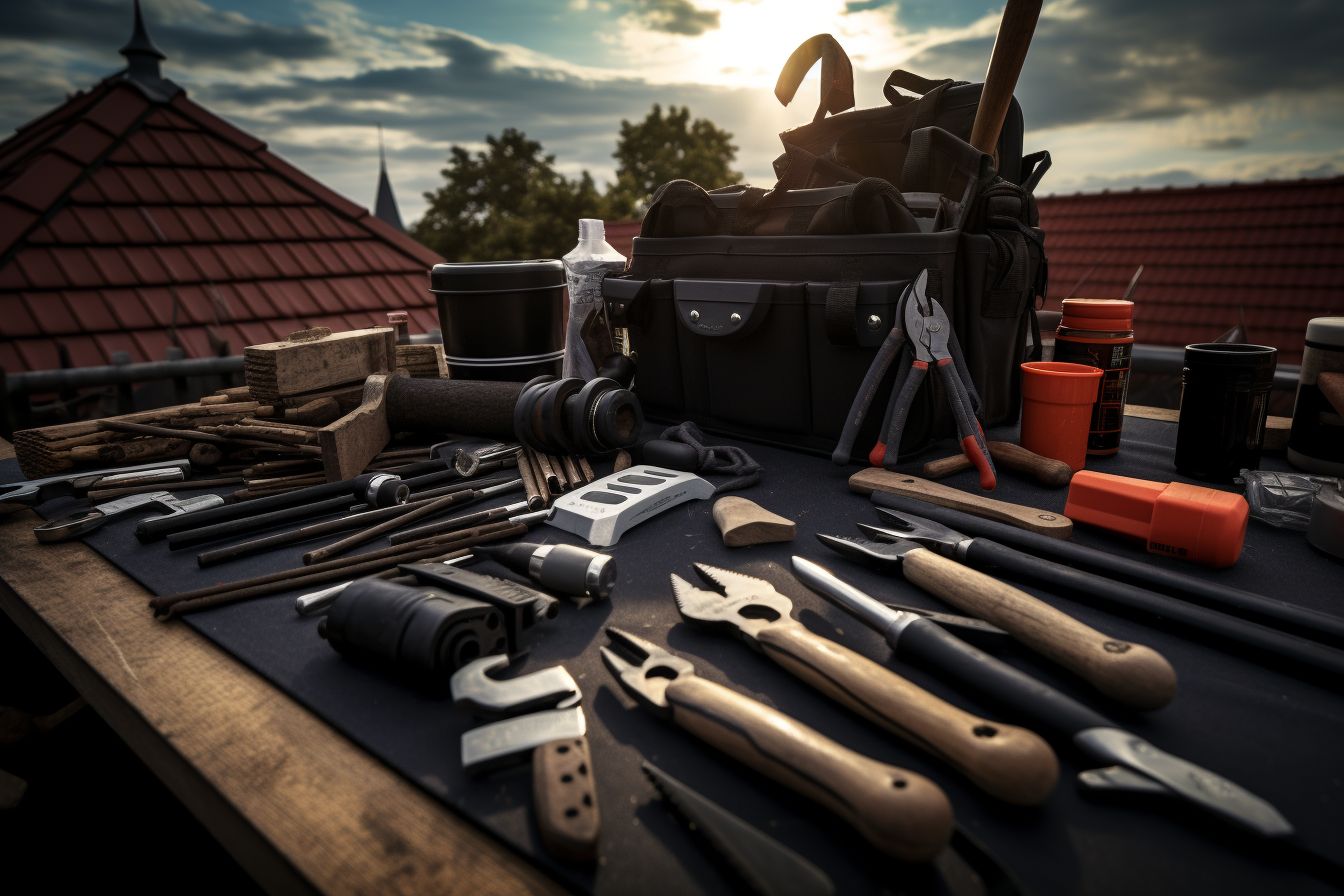 Roof repair tools and materials spread out on a roof. Roof repair tools and materials spread out on a roof.