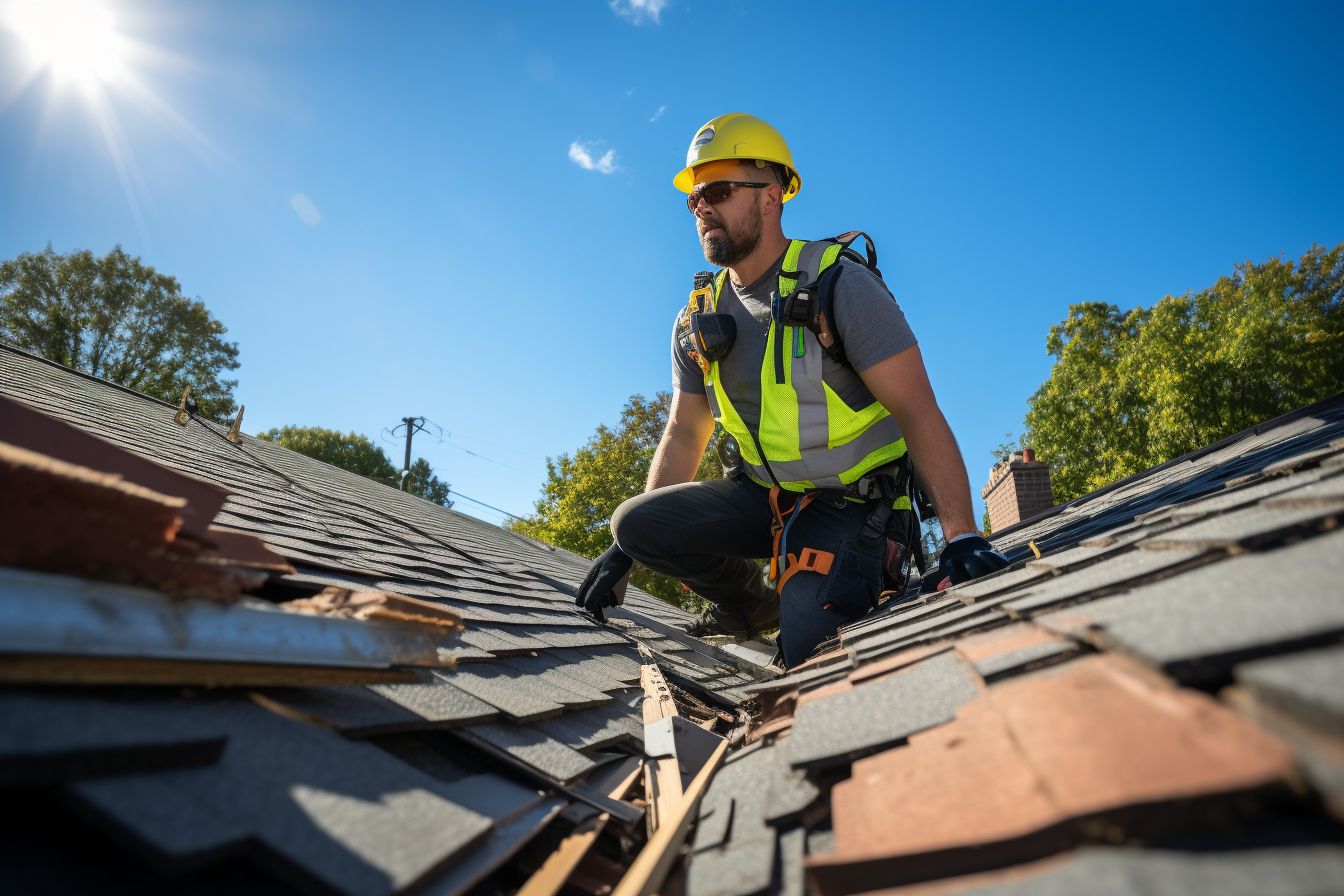 A roofer in safety gear inspecting a damaged roof for fixes. A roofer in safety gear inspecting a damaged roof for fixes.