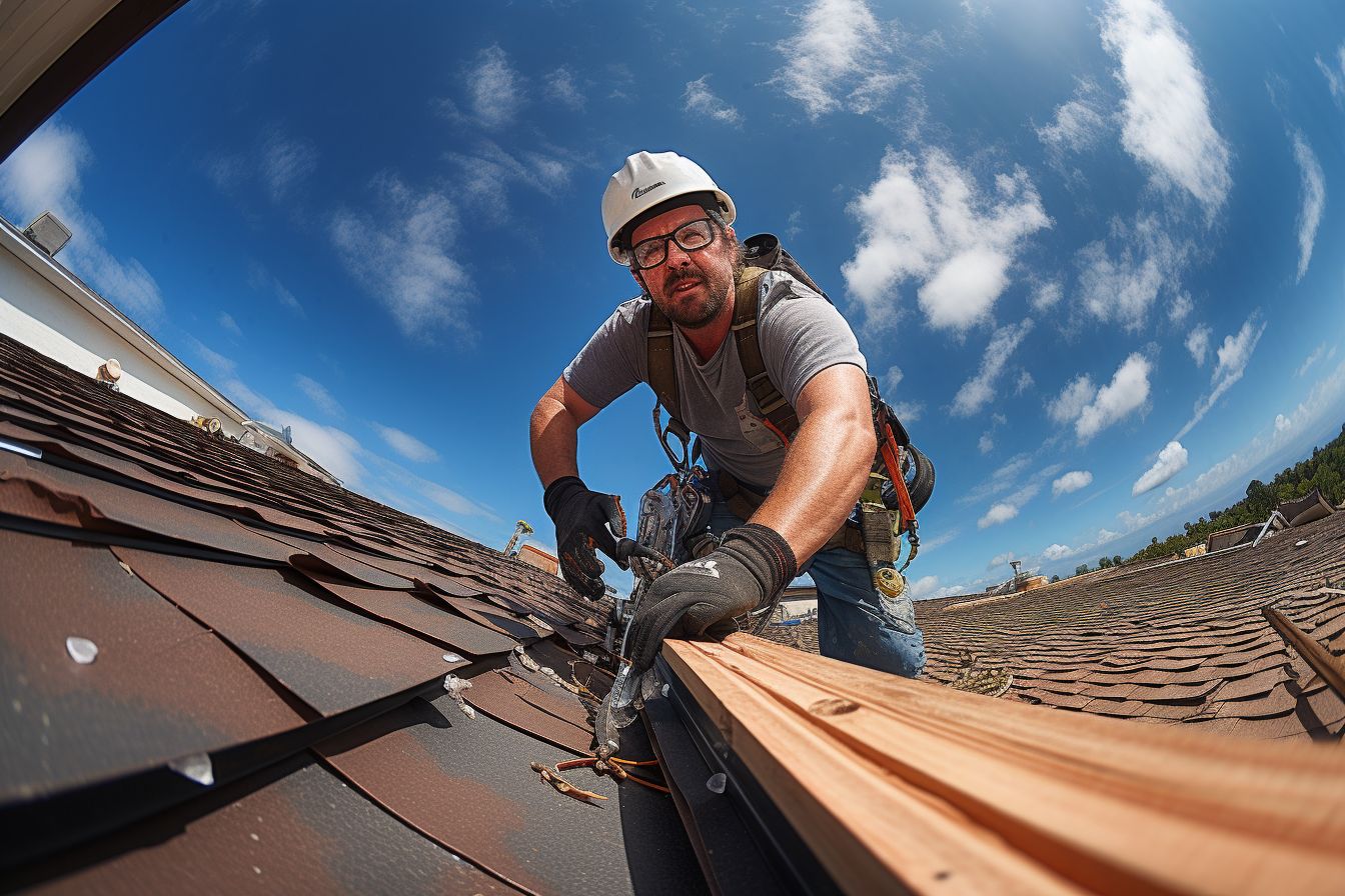 Roofing worker fixes leaky roof using temporary solution. Roofing worker fixes leaky roof using temporary solution.