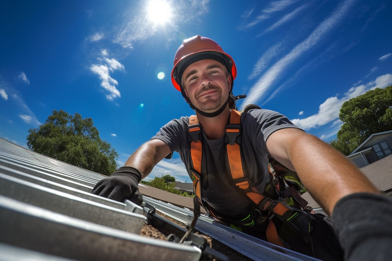 A roofer fixing a leaky area with roofing cement on a ladder. A roofer fixing a leaky area with roofing cement on a ladder.