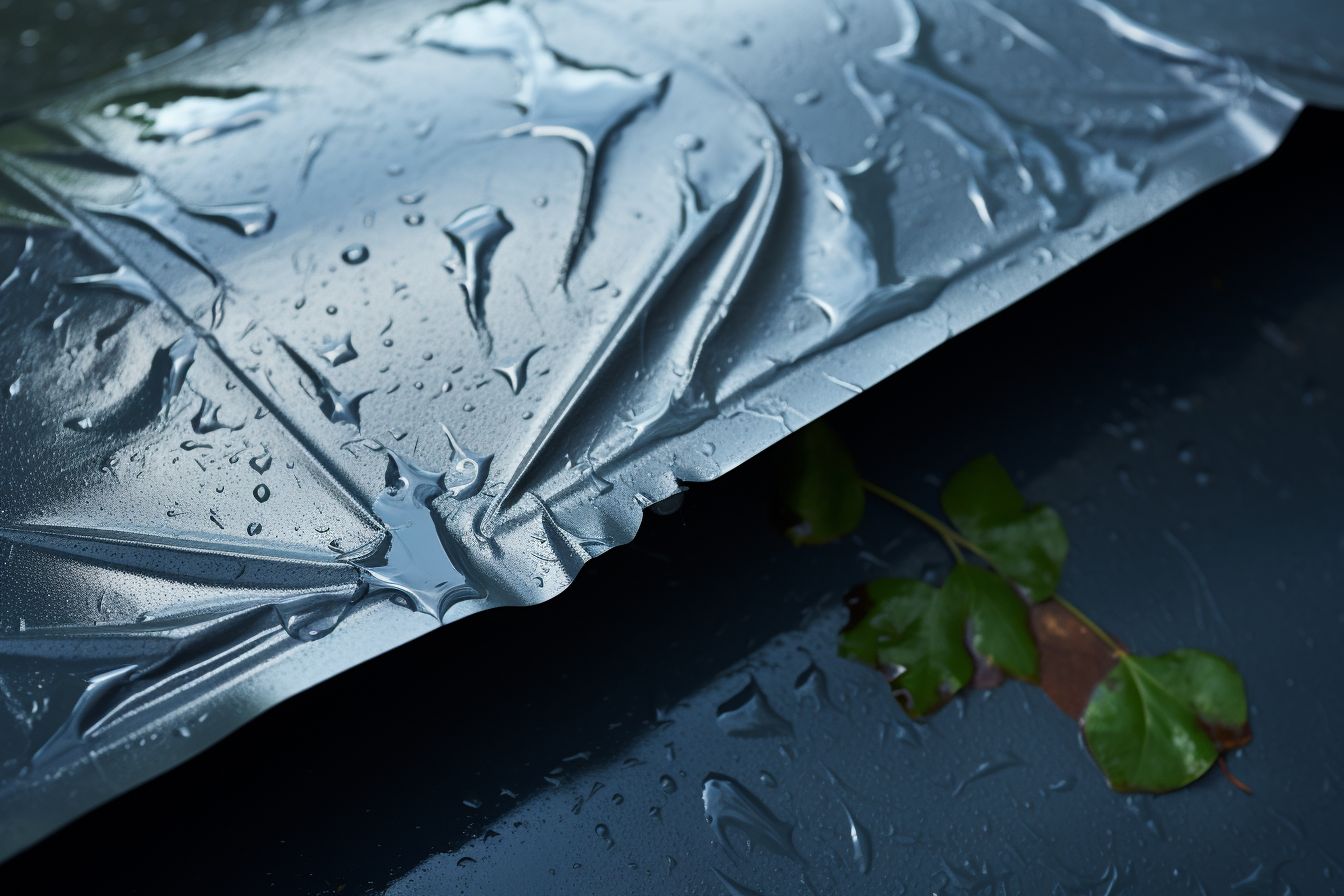 A close-up of a sturdy waterproof tarp covering a roof leak. A close-up of a sturdy waterproof tarp covering a roof leak.