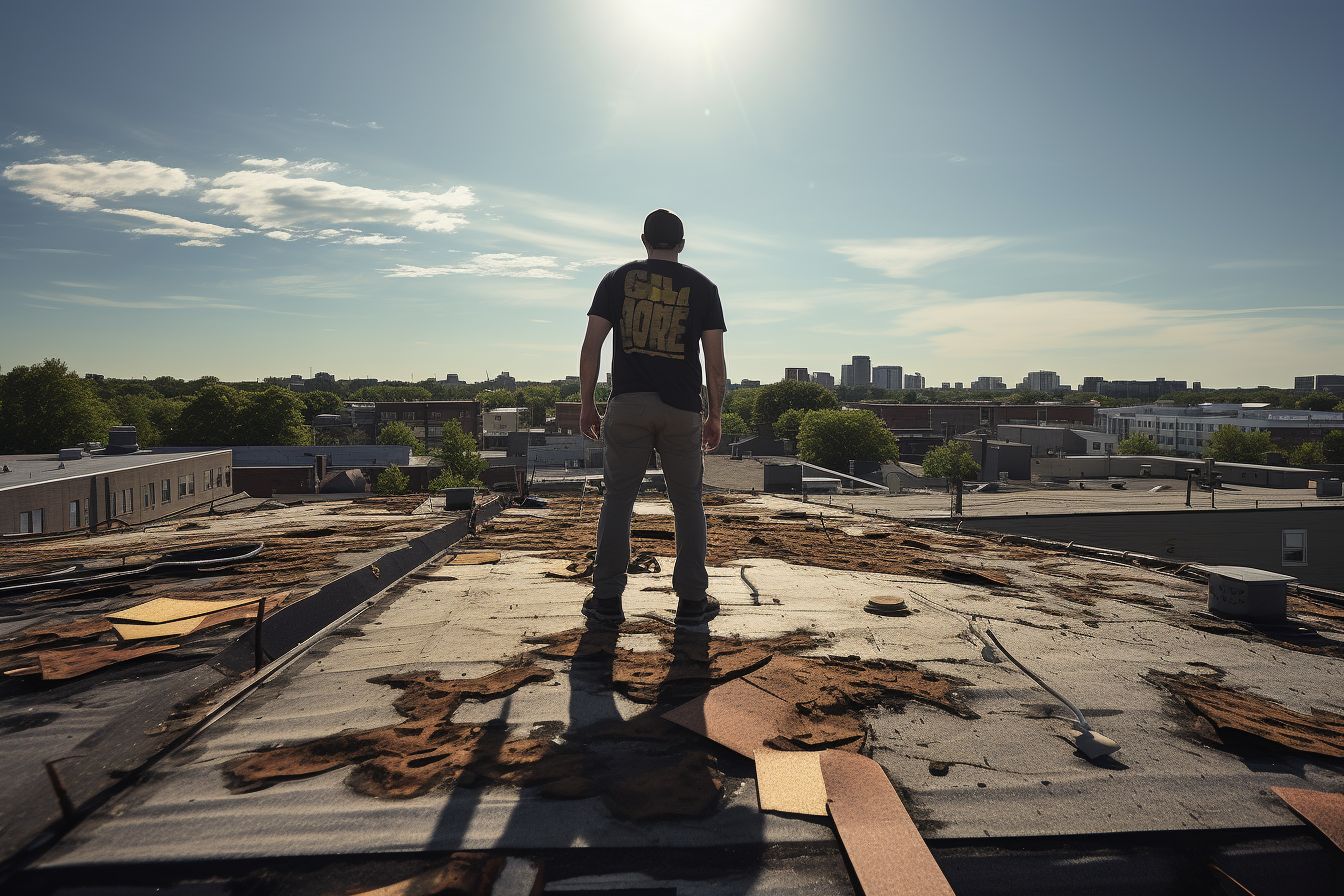 A roofer inspecting a damaged flat roof while wearing safety gear. A roofer inspecting a damaged flat roof while wearing safety gear.