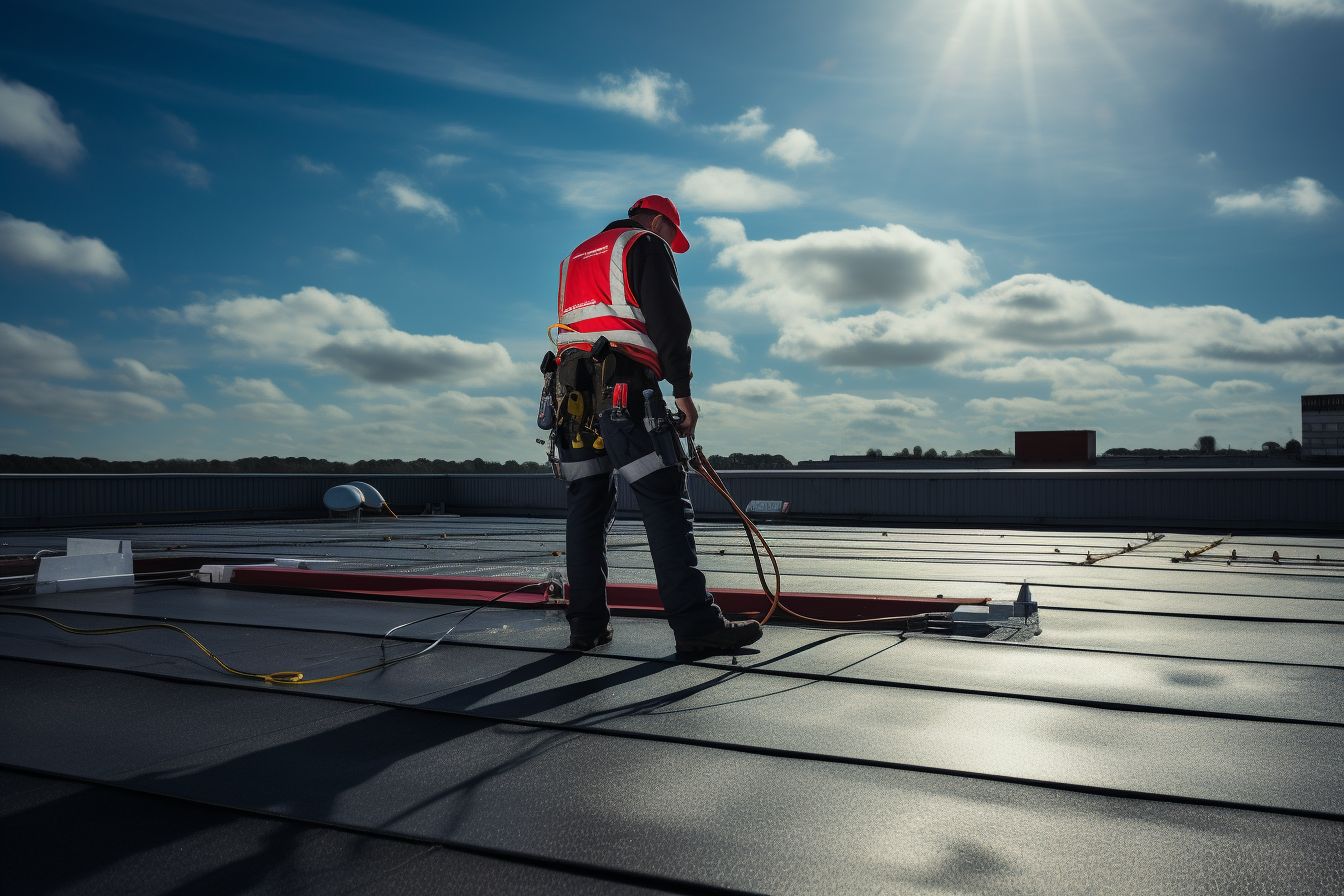 Professional roofer inspecting flat roof with tools and equipment. Professional roofer inspecting flat roof with tools and equipment.
