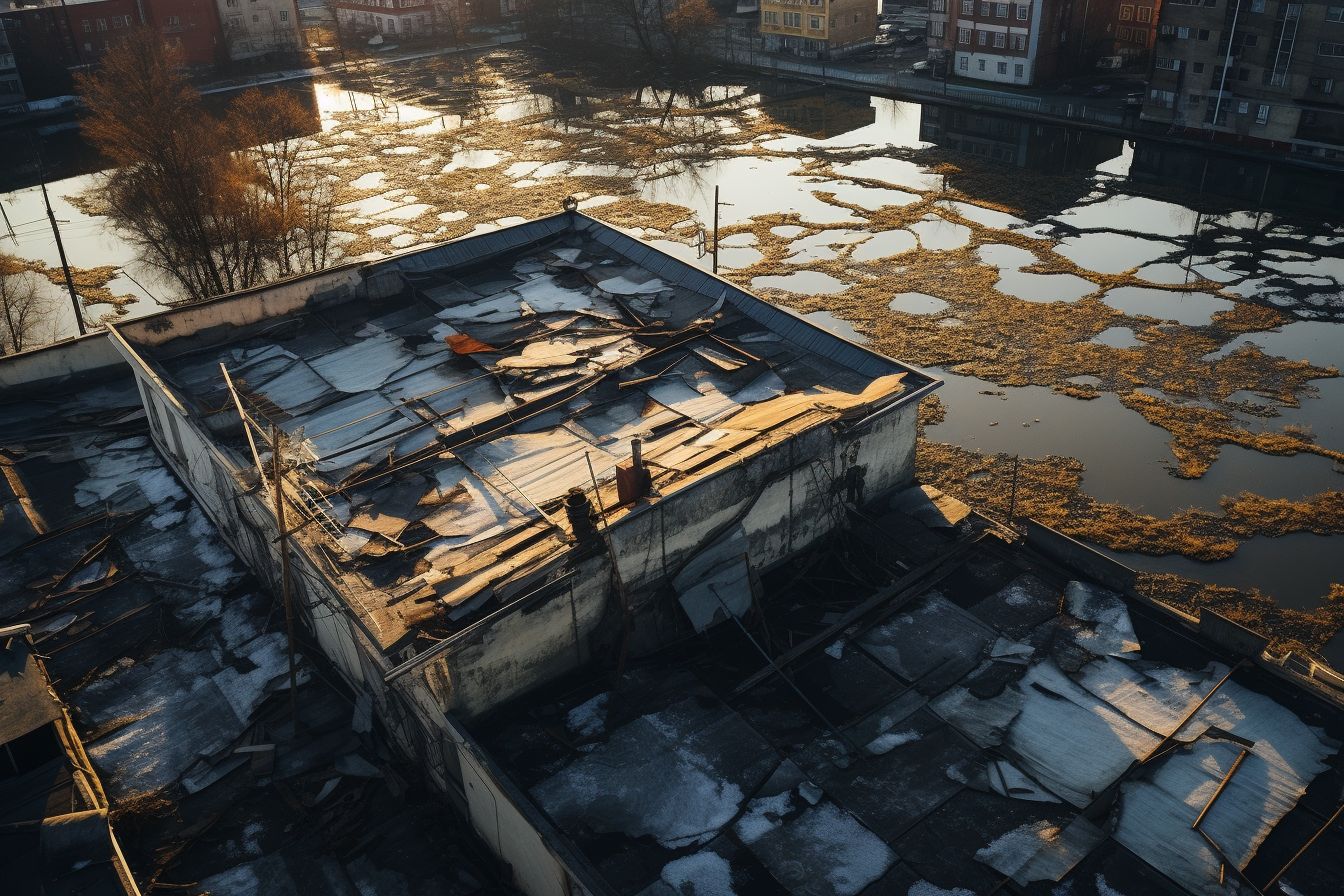 A damaged rooftop with roofing issues, captured with a drone. A damaged rooftop with roofing issues, captured with a drone.