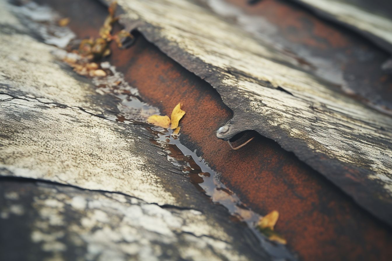Close-up of a leaking roof with water damage and aging materials. Close-up of a leaking roof with water damage and aging materials.