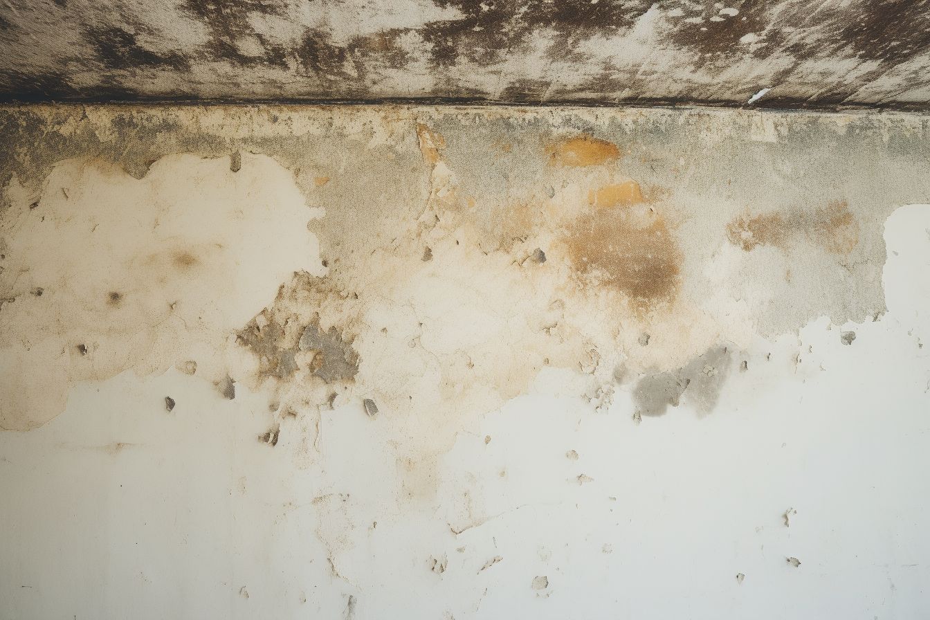 Damaged ceiling with water stains and mold growth. Damaged ceiling with water stains and mold growth.