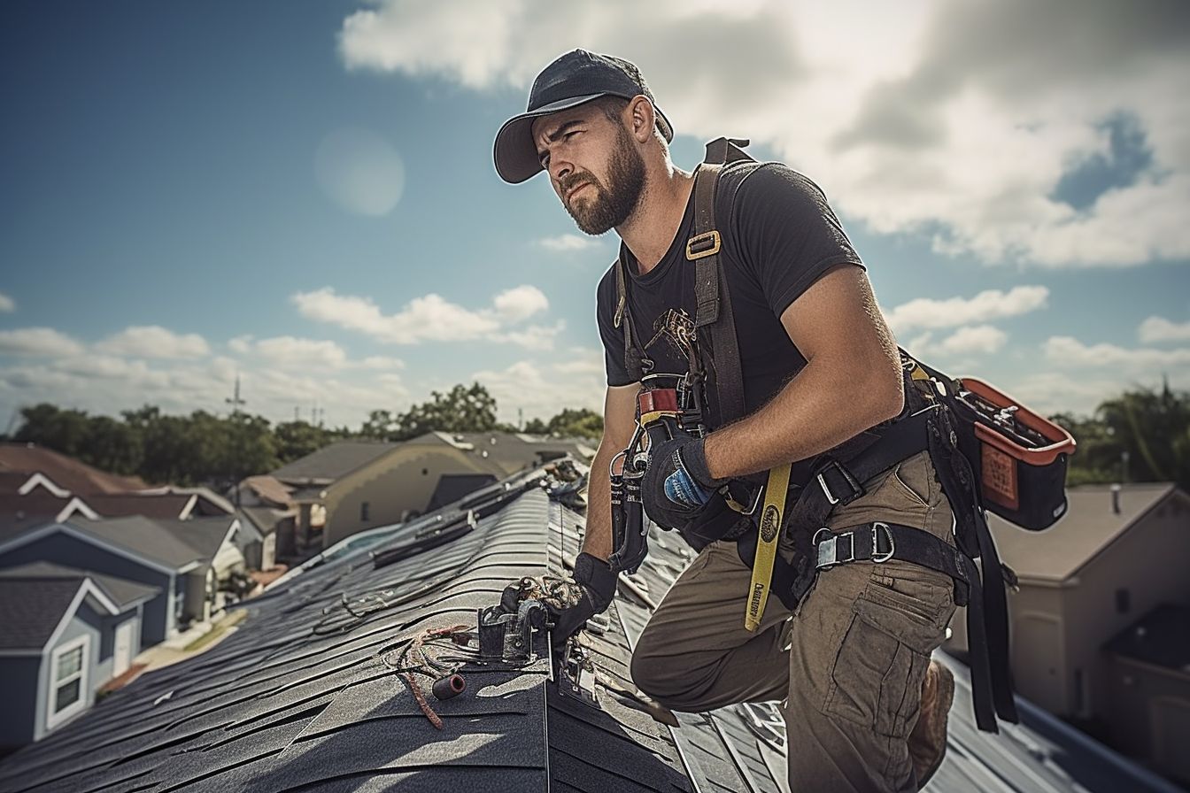 A professional roofer repairing a leaky roof with tools and safety equipment. A professional roofer repairing a leaky roof with tools and safety equipment.