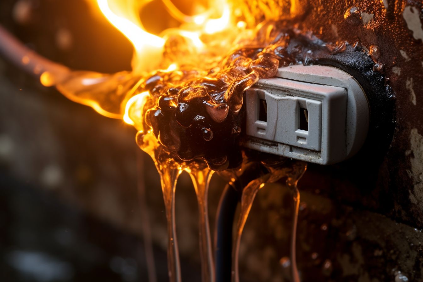 Water dripping from roof leak onto exposed electrical outlet, creating fire hazard. Water dripping from roof leak onto exposed electrical outlet, creating fire hazard.
