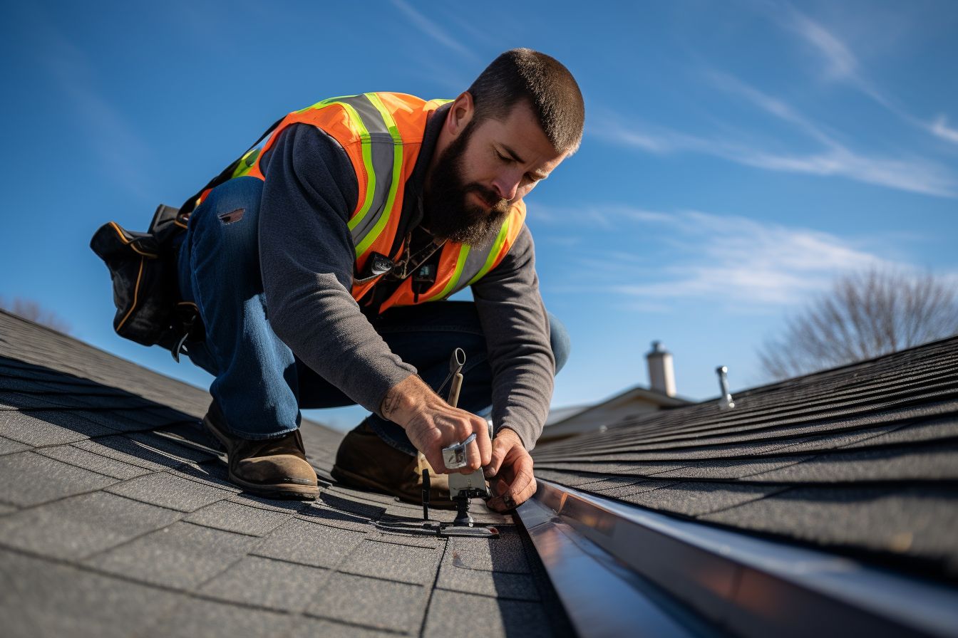 A roofer inspecting roof flashings with a magnifying glass.