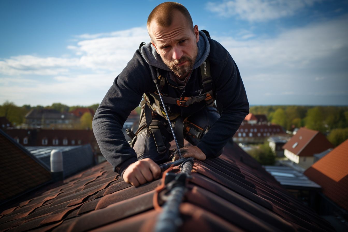 Professional roofer inspecting a roof using magnifying tool outdoors.