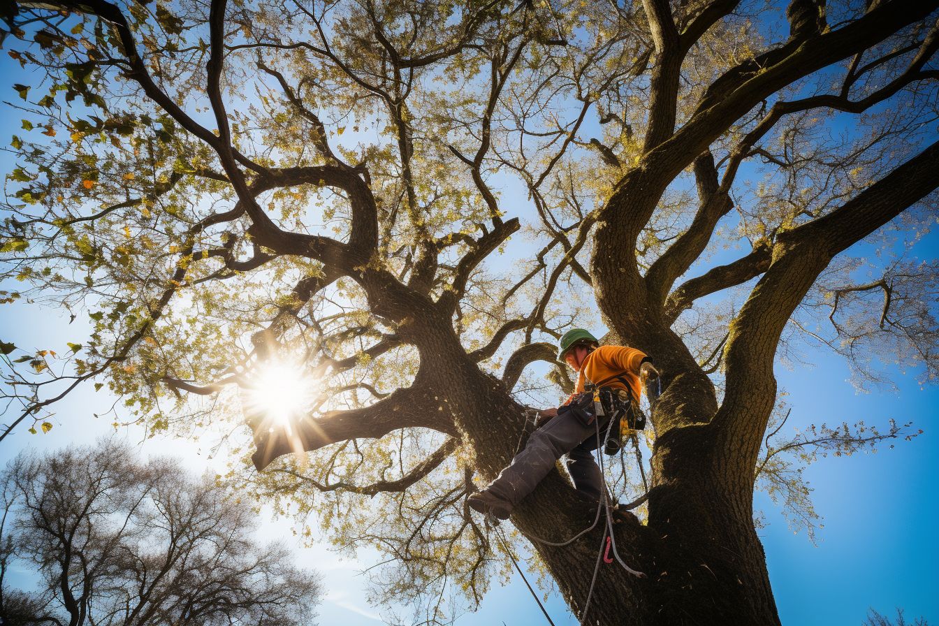 A professional arborist pruning low-hanging branches of a tree.