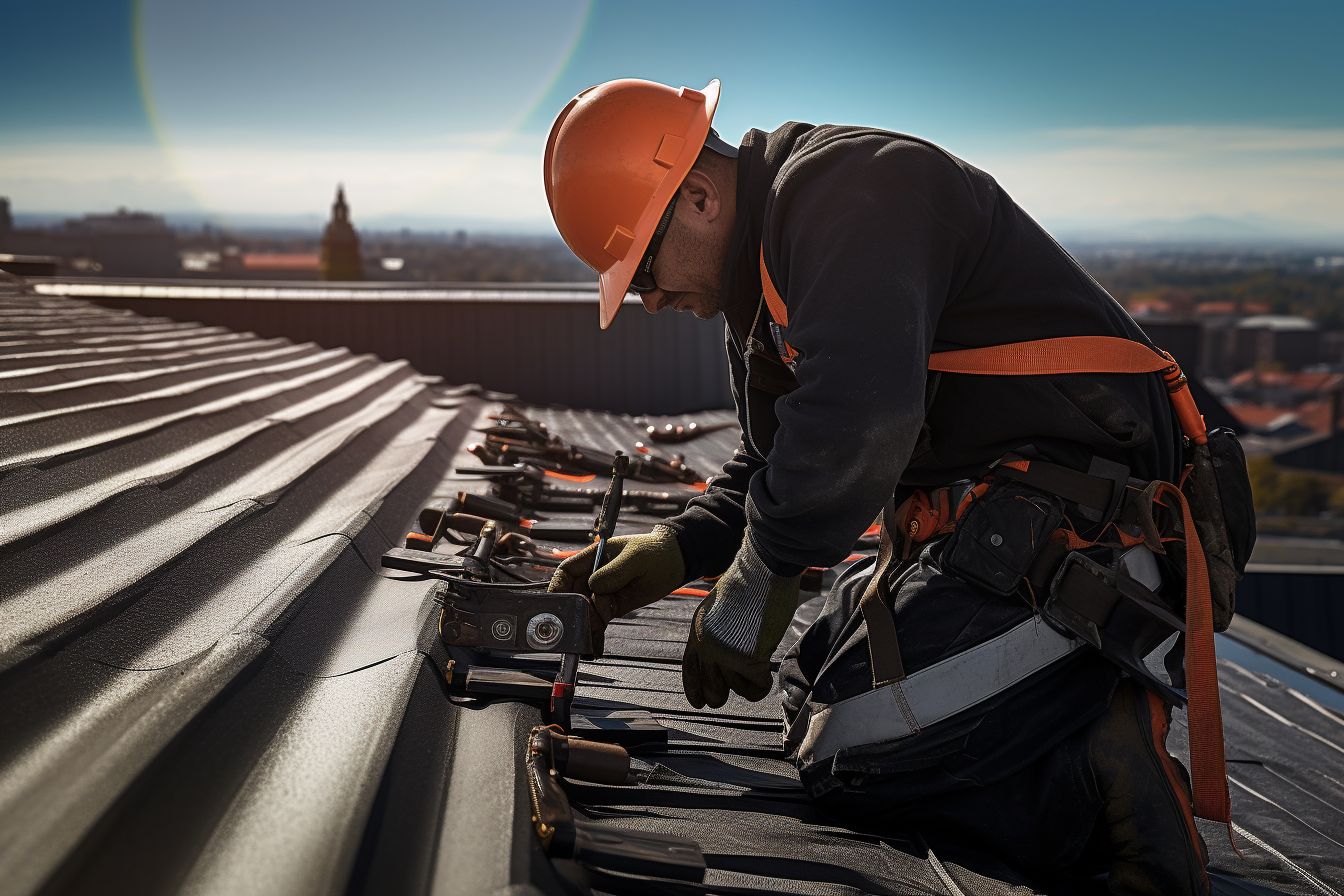 A professional roofer inspecting a roof for leaks with safety gear. A professional roofer inspecting a roof for leaks with safety gear.