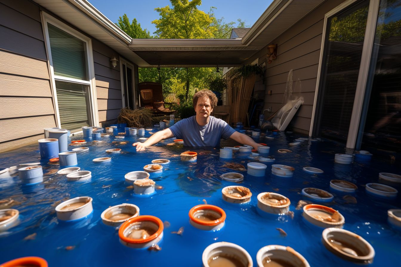 Frustrated homeowner deals with a leaky roof amidst buckets of water. Frustrated homeowner deals with a leaky roof amidst buckets of water.