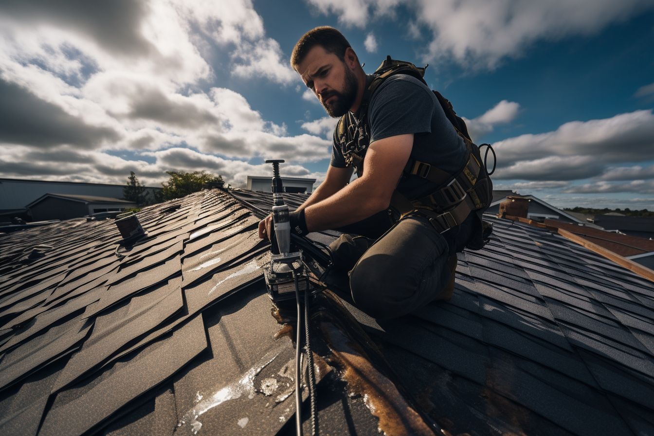 Roofer inspecting leaky roof with tools in hand. Roofer inspecting leaky roof with tools in hand.